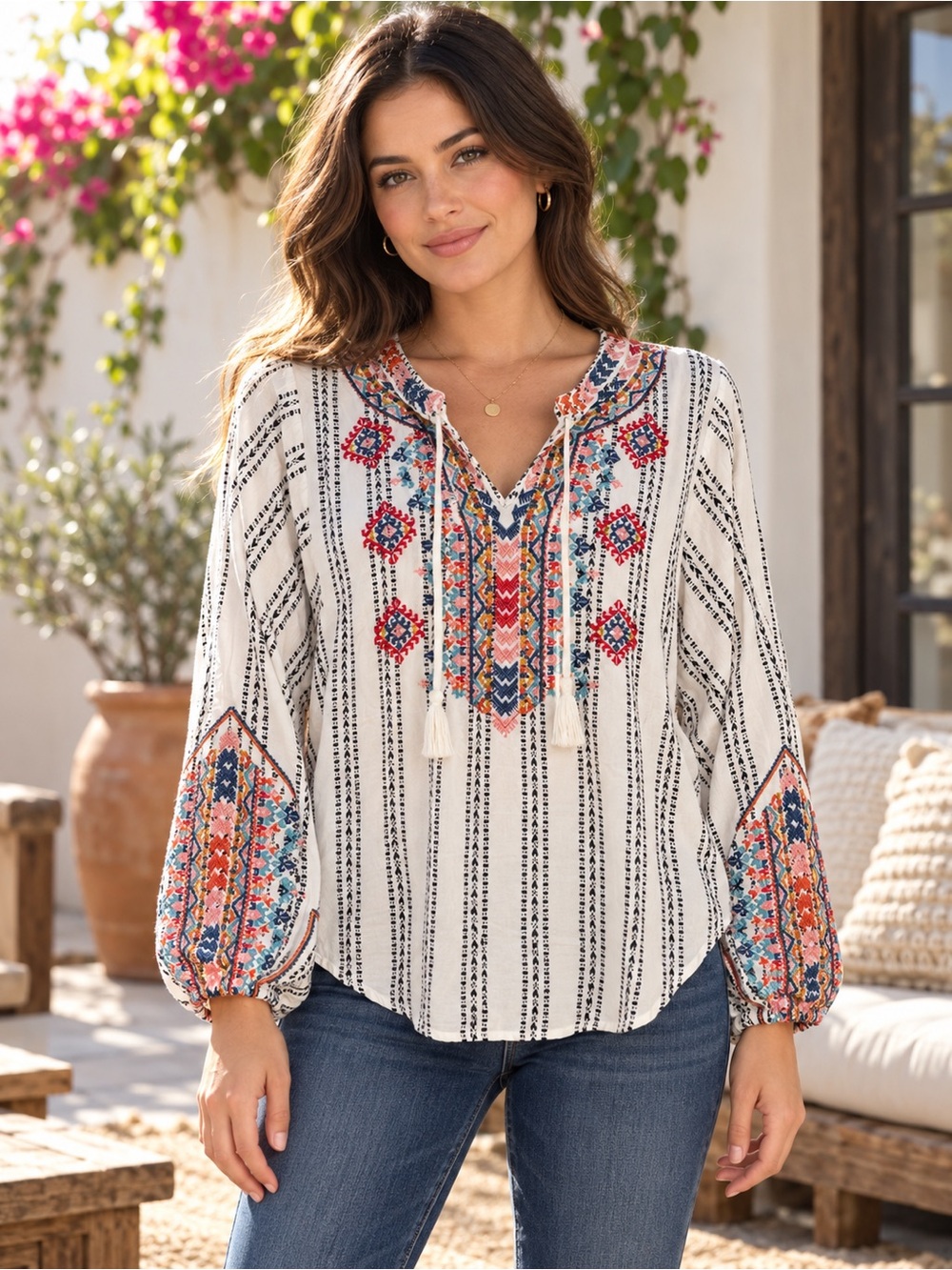 326 NWT Savanna Jane Ivory Boho Embroidered Peasant Top Size Small